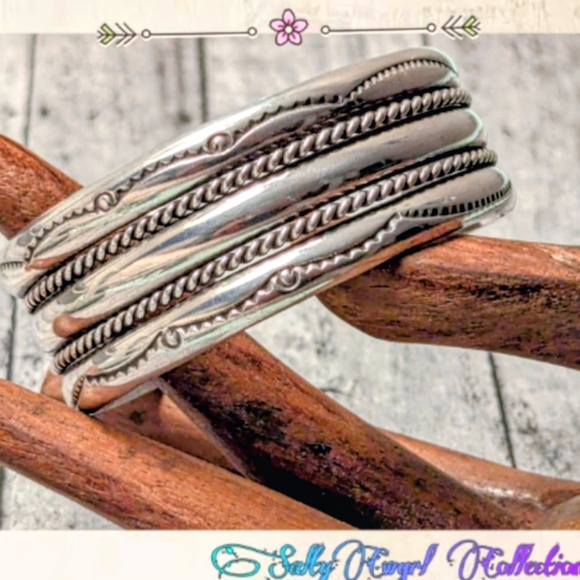 Vintage TAHE Navajo Sterling Silver Wide Stamped Banded Cuff Bracelet